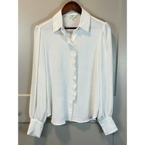 Max Studio White Ruffle Front Placket Balloon Sleeve Blouse Size Medium